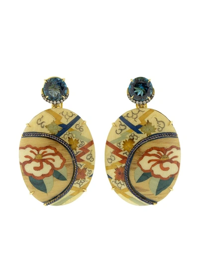 Silvia Furmanovich 18kt Yellow Gold Diamond Marquetry Camellia Flower Earrings In Blue