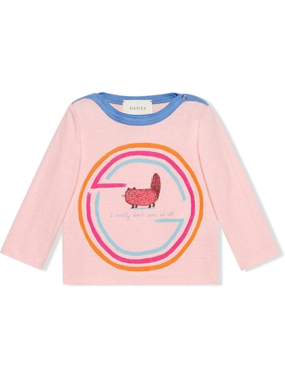 Gucci Babies' Langarmshirt Mit Katzen-print In Pink