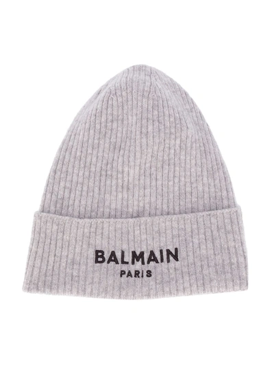 Balmain Teen Ribbed-knit Logo Beanie In Grey