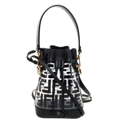 Pre-owned Fendi Black Zucca Pvc And Leather Mini Mon Tresor Drawstring Bucket Bag