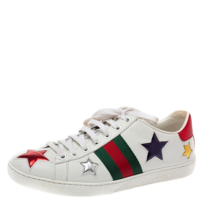 Pre-owned Gucci White Leather Ace Metallic Stars Low Top Trainers Size 35.5