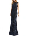 Mac Duggal Cowl Back Boat Neck Sequined Evening Gown In Midnight In Navy