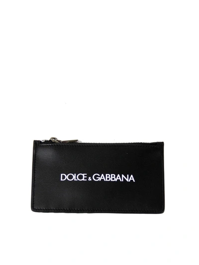 Dolce & Gabbana Logo Print Leather Zip Card Holder In Black