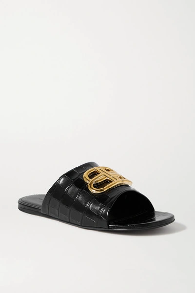 Balenciaga Oval Bb Logo-embellished Croc-effect Leather Slides In Black