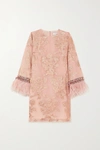 ANDREW GN FEATHER-TRIMMED EMBELLISHED METALLIC FIL COUPÉ SILK-BLEND MINI DRESS
