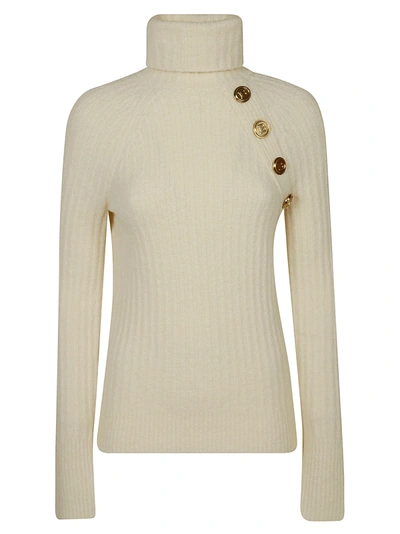 Balmain Button Embellished Rib Wool Blend Turtleneck Sweater In Ivory