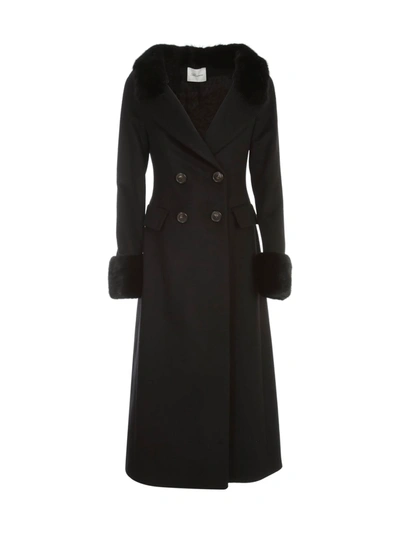 Blumarine Double Breasted Coat V Neck W/fur On Neck And Wrist In Nero