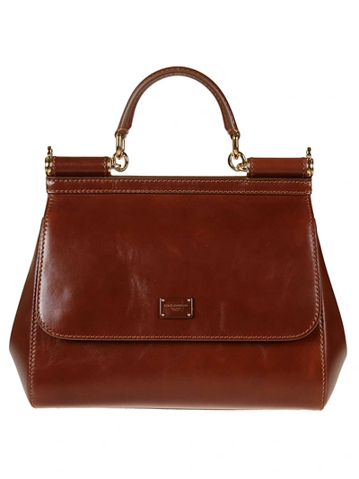 Dolce & Gabbana Logo Plate Flap Tote In Brown