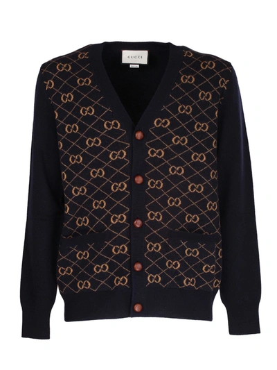 Gucci Gg Jacquard Pattern Cardigan In Blue And Beige