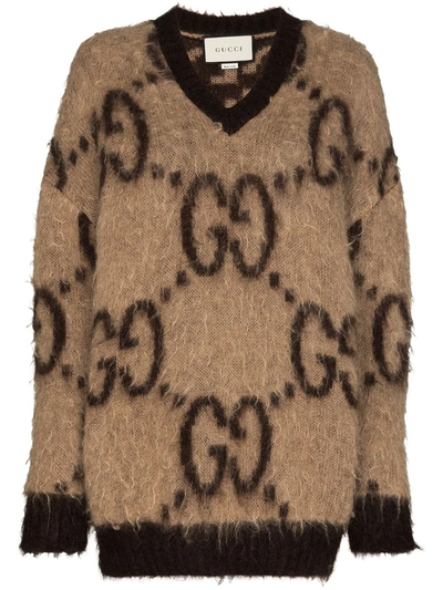 Gucci V-neck Logo Jacquard Jumper In Brown