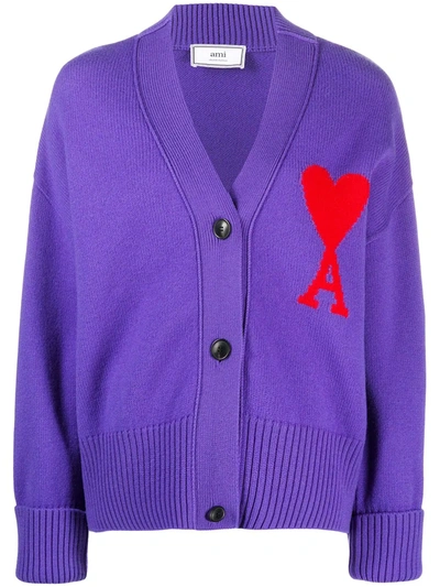 Ami Alexandre Mattiussi Ami De Coeur Intarsia Oversize Cardigan In Purple