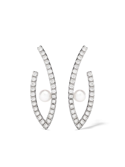 Yoko London 18kt White Gold Sleek Akoya Pearl And Diamond Earrings In Silver
