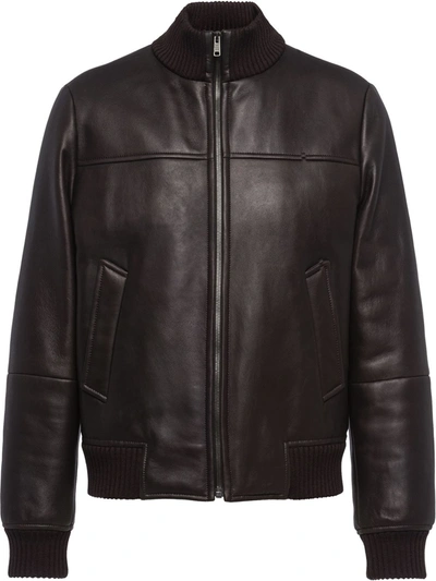 Prada Funnel Neck Leather Jacket In Moro