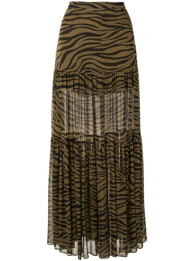 Veronica Beard Serence Tiered Zebra-print Silk Crepe De Chine Maxi Skirt In Army Green