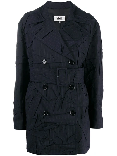 Mm6 Maison Margiela Crinkled Pinstriped Woven Trench Coat In Blue