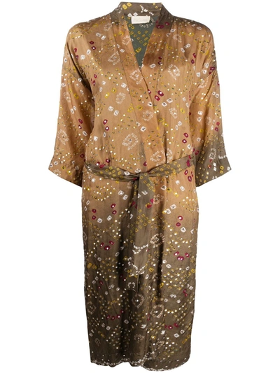 Mes Demoiselles Mix-print Tie Waist Dressing Gown In Brown