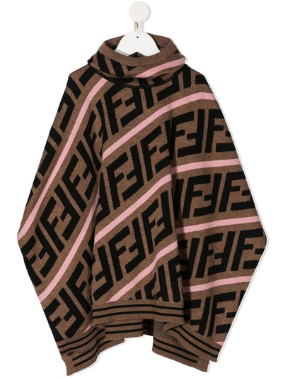 Fendi Kids' Zucca-pattern Hooded Poncho In Brown