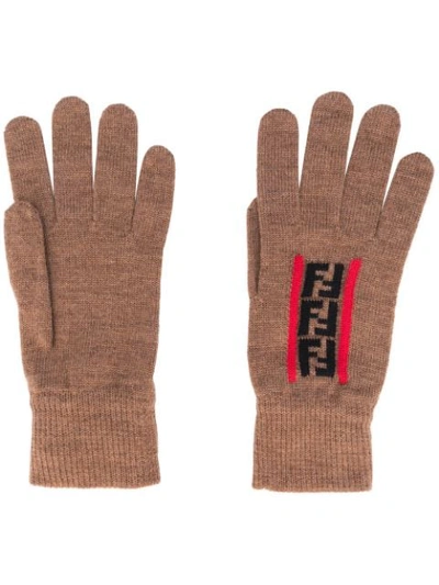 Fendi Ff Logo Wool Gloves In Fango Nero Rosso