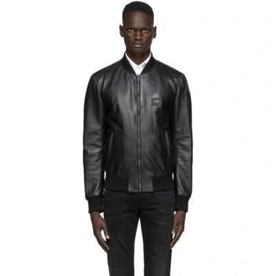 Dolce & Gabbana Black Leather Bomber Jacket In Blue