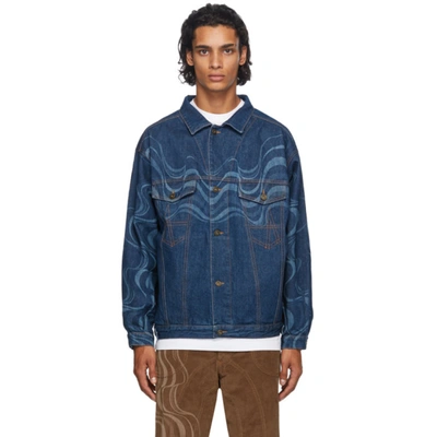 Ahluwalia Wave-print Upcycled Cotton-denim Jacket In Blue