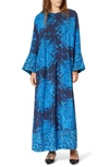 VALENTINO DELFT FLORAL PRINT LONG SLEEVE SILK CAFTAN MAXI DRESS,UB3VAT075T5