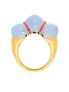 GUITA M 18KT YELLOW GOLD, CARVED BLUE CHALCEDONY AND RUBY RING