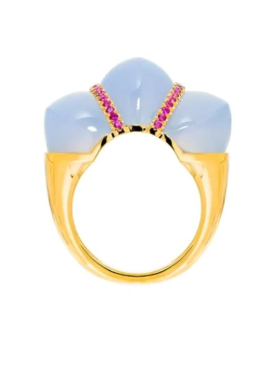 Guita M 18kt Yellow Gold, Carved Blue Chalcedony And Ruby Ring