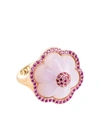 GUITA M 18KT YELLOW GOLD, CARVED PINK CHALCEDONY AND SAPPHIRE RING