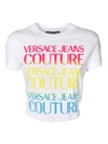VERSACE JEANS COUTURE PINK YELLOW AND BLUE LOGO PRINT T-SHIRT IN WHITE