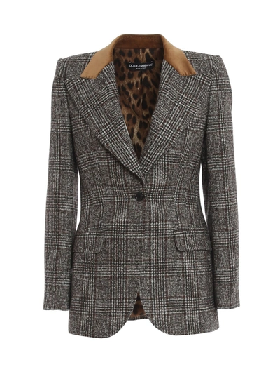 Dolce & Gabbana Velvet-trimmed Prince Of Wales Checked Wool-blend Blazer In Gray
