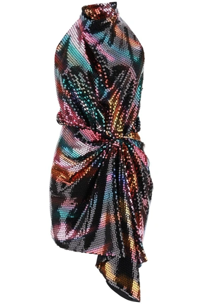 Attico Sequined Chiffon Halterneck Mini Dress In Multicolor
