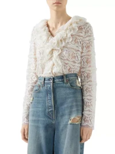Gucci Ruffle Neck Floral Lace Blouse In Ivory