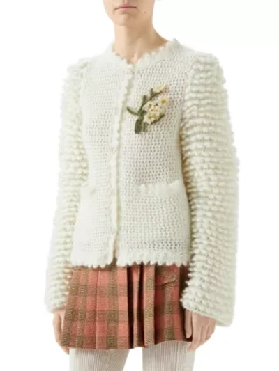 Gucci Mohair Blend Floral Brooch Cardigan In Ivory