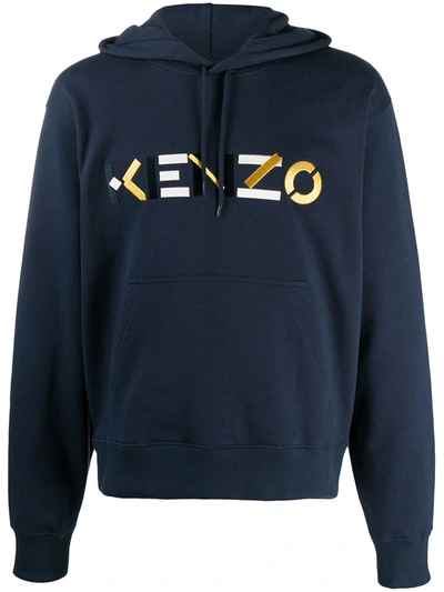 Kenzo Multicoloured Logo Patch Hoodie In Navy