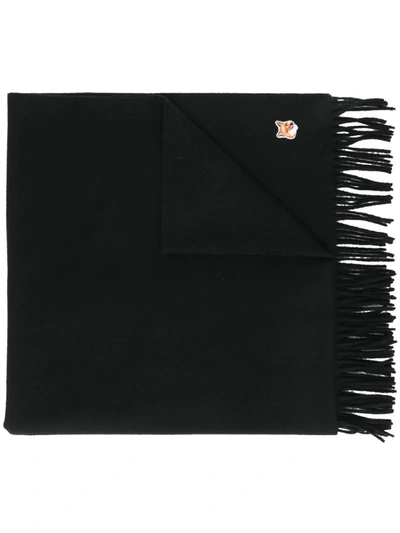 Maison Kitsuné Logo-patch Fringed Scarf In Black