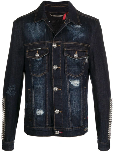 Philipp Plein Spike Sleeve Denim Jacket In Blue