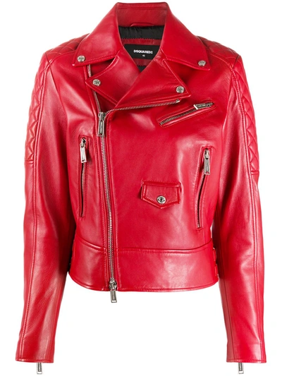Dsquared2 Quilted Detail Zip-up Leather Jacket In Red