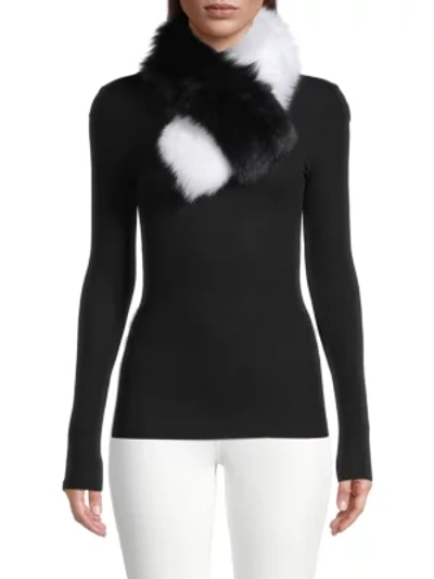 Adrienne Landau 2-tone Fox Fur Clip Scarf In Black White