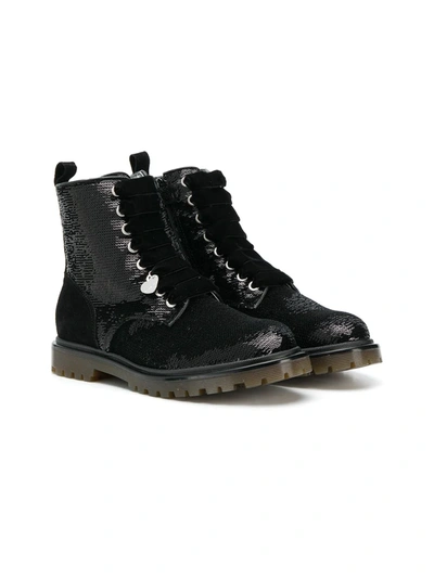 Monnalisa Kids' Sequin Lace-up Boots In Black