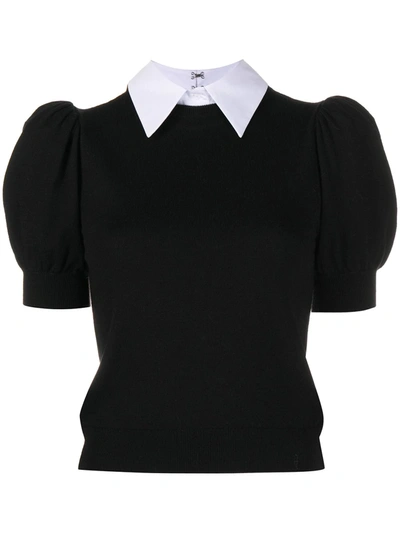 Alice And Olivia Chase Puff Sleeve Wool Blend Sweater With Removable Collar In Black