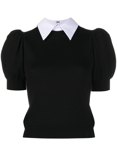 Alice And Olivia Chase Puff Sleeve Wool Blend Sweater With Removable Collar In Black White