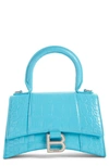Balenciaga Extra Small Hourglass Croc Embossed Leather Top Handle Bag In Turquoise