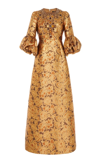 Andrew Gn Crystal-embellished Floral Brocade Gown In Gold