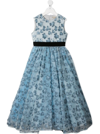 Elie Saab Junior Kids' Floral Embroidery Long Dress In Blue