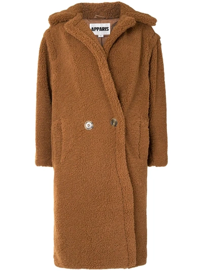 Apparis Daryna Double-breasted Faux Shearling Coat In Camel