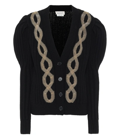 Alexander Mcqueen Chain-embroidered Ribbed-knit Wool-blend Cardigan In Black/gold