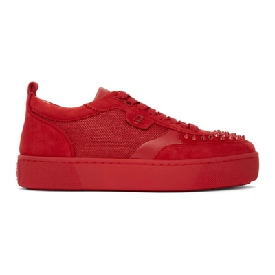 Christian Louboutin Happyrui Spiked Suede-trimmed Glittered-mesh Sneakers In R391 Red