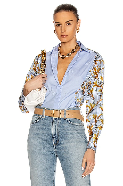 Versace Button Down Long Sleeve Top In Blue & Gold