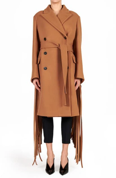 Stella Mccartney Fringed-sleeve Double-breasted Wool Coat In Light Brown