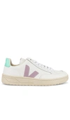 Veja V-12 Sneakers In White Leather In Extra White  Parme & Turquoise